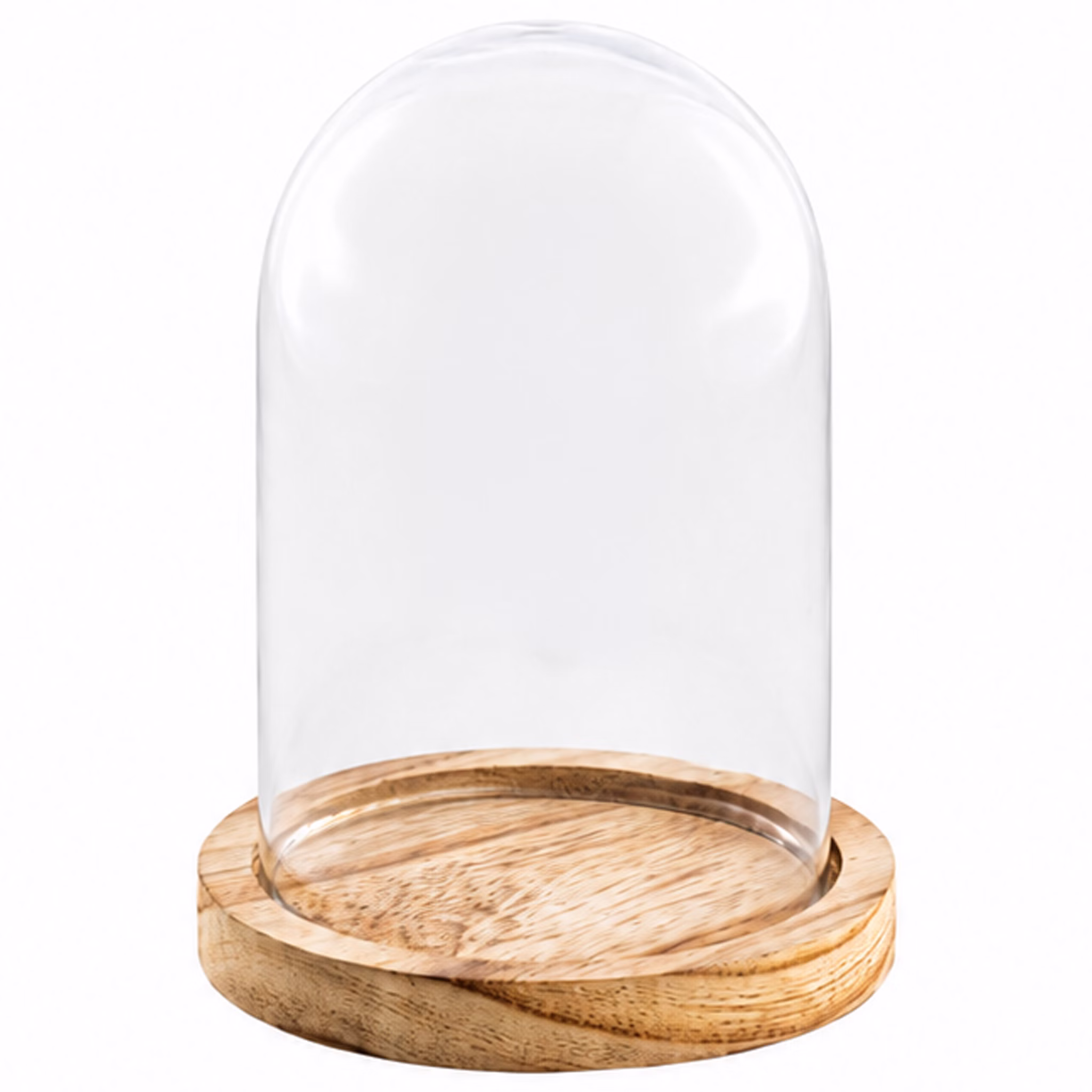Glasglocke mit Holzsockel Freisteller Transparente Glasglocke mit gewölbter Haube auf rundem naturfarbenem Holzsockel vor weißem Hintergrund.