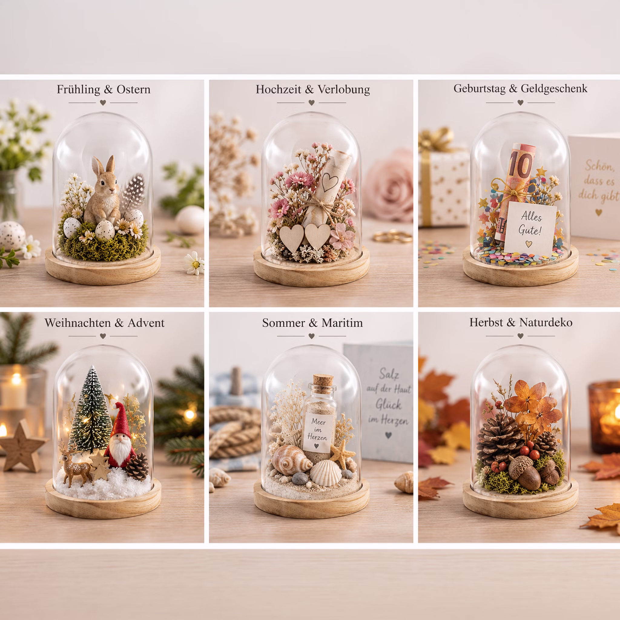 Glasglocke Dekoideen für verschiedene Anlässe Sechs Dekoideen mit Glasglocke für Ostern, Hochzeit, Geburtstag, Weihnachten, maritime Sommerdeko und herbstliche Naturdekoration. Hinweis: KI generiertes Bild