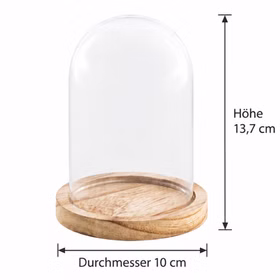 Glasglocke mit Holzsockel Maße 10 x 13,7 cm Transparente Glasglocke auf rundem Holzsockel mit Maßangaben: Durchmesser 10 cm und Höhe 13,7 cm.
