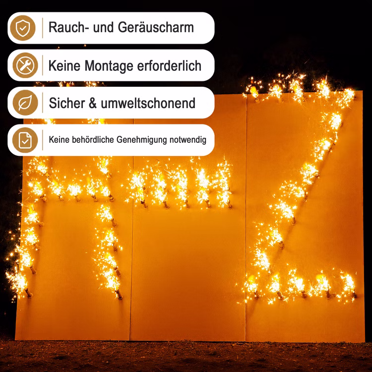 Lichterbilder Lichterbild Brennende Buchstaben Feuerwerk Geschenkidee Geburtstag Goldene Hochzeit Jubiläum Lichterbilder Lichterbild Brennende Buchstaben A bis Z mit Hinweis-Bannern zu raucharmem und genehmigungsfreiem Einsatz.