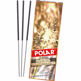 Polar Premium Wunderkerzen 17 cm 40 Stück Kinderfeuerwerk Vorderansicht Polar Premium Wunderkerzen 17 Zentimeter 40 Stück mit drei ausgepackten Wunderkerzen neben der Verpackung.