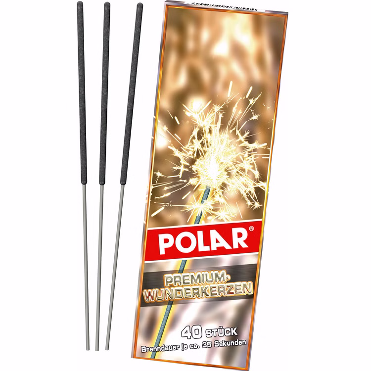 Polar Premium Wunderkerzen 17 cm 40 Stück Kinderfeuerwerk Vorderansicht Polar Premium Wunderkerzen 17 Zentimeter 40 Stück mit drei ausgepackten Wunderkerzen neben der Verpackung.