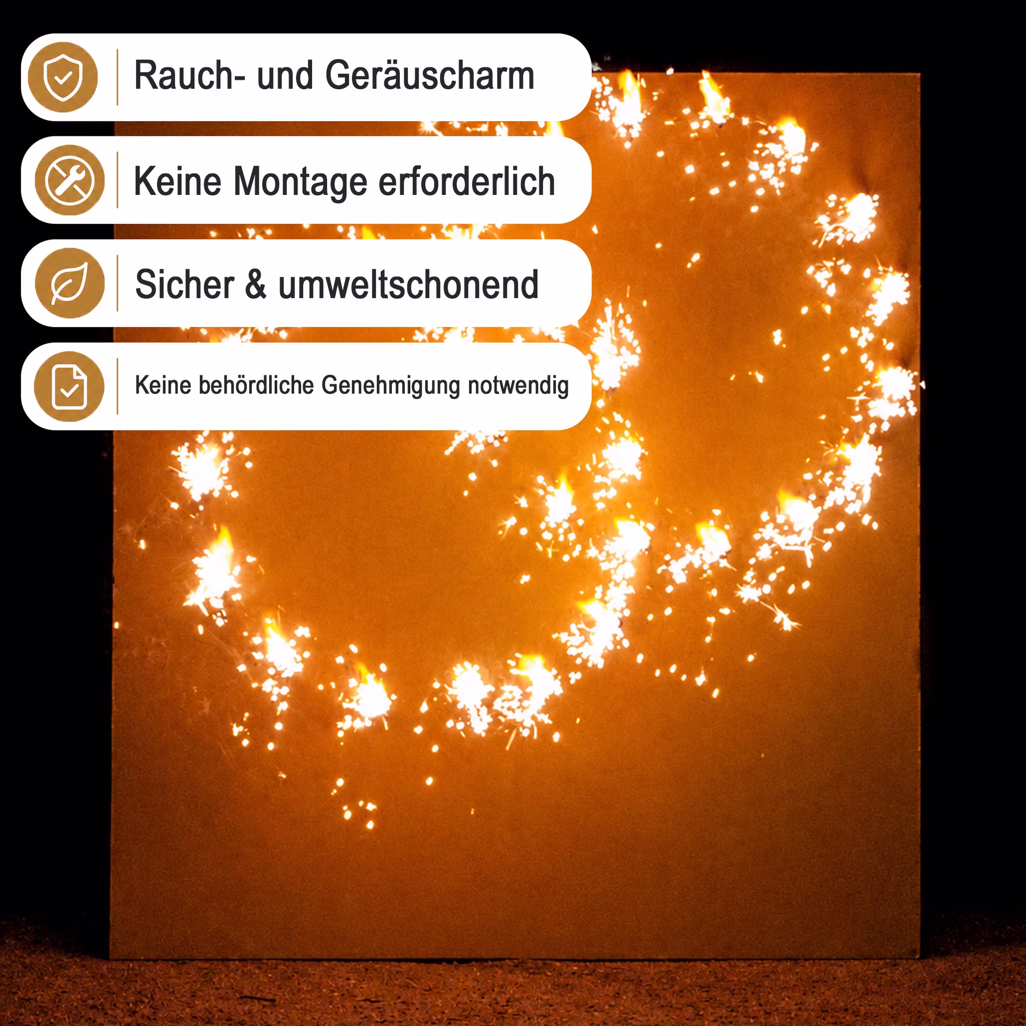 Lichterbild Brennende Ringe mit Hinweis-Bannern zu raucharmem und genehmigungsfreiem Einsatz.