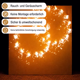 Lichterbild Brennende Ringe mit Hinweis-Bannern zu raucharmem und genehmigungsfreiem Einsatz.