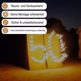 Brennende Zahl „50“ bei Nacht mit modernen Hinweis-Bannern zu raucharmem und genehmigungsfreiem Einsatz.