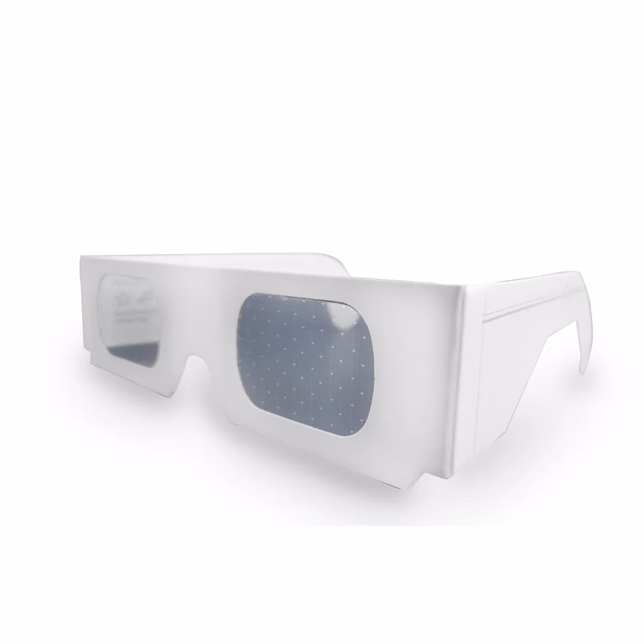 Weiße Effektbrille aus Pappe mit zwei dunklen Effektgläsern und seitlichen Bügeln, freigestellt vor weißem Hintergrund.