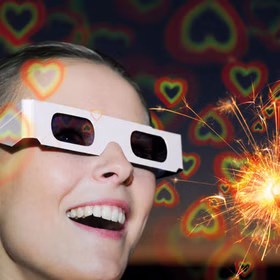 Frau mit weißer Effektbrille betrachtet eine Wunderkerze; farbige Herzformen zeigen den sichtbaren Lichteffekt der Brille.