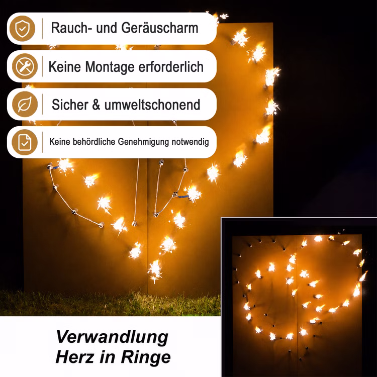HERZ wird zu Ringen Brennendes Herz Lichterbilder Feuerwerk Hochzeit Feuerbilder Heiratsantrag Lichterbild HERZ wird zu Ringen Verwandlungsbild ergänzt mit Hinweis-Bannern zu raucharmem und genehmigungsfreiem Einsatz.