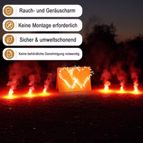 Lichterbild Brennendes Doppelherz mit sechs Bengalfeuer mit Hinweis-Bannern zu raucharmem und genehmigungsfreiem Einsatz.