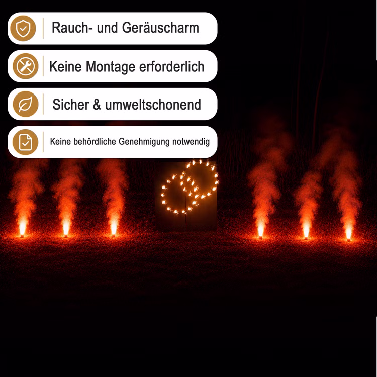 Lichterbild Brennende Ringe mit rotem Bengalfeuer Geschenkidee Hochzeit Verlobung Heiratsantrag Goldene Hochzeit Jubiläum Brennende Eheringe mit sechs Bengaltöpfen bei Nacht mit Hinweis-Bannern zu raucharmem und genehmigungsfreiem Einsatz.