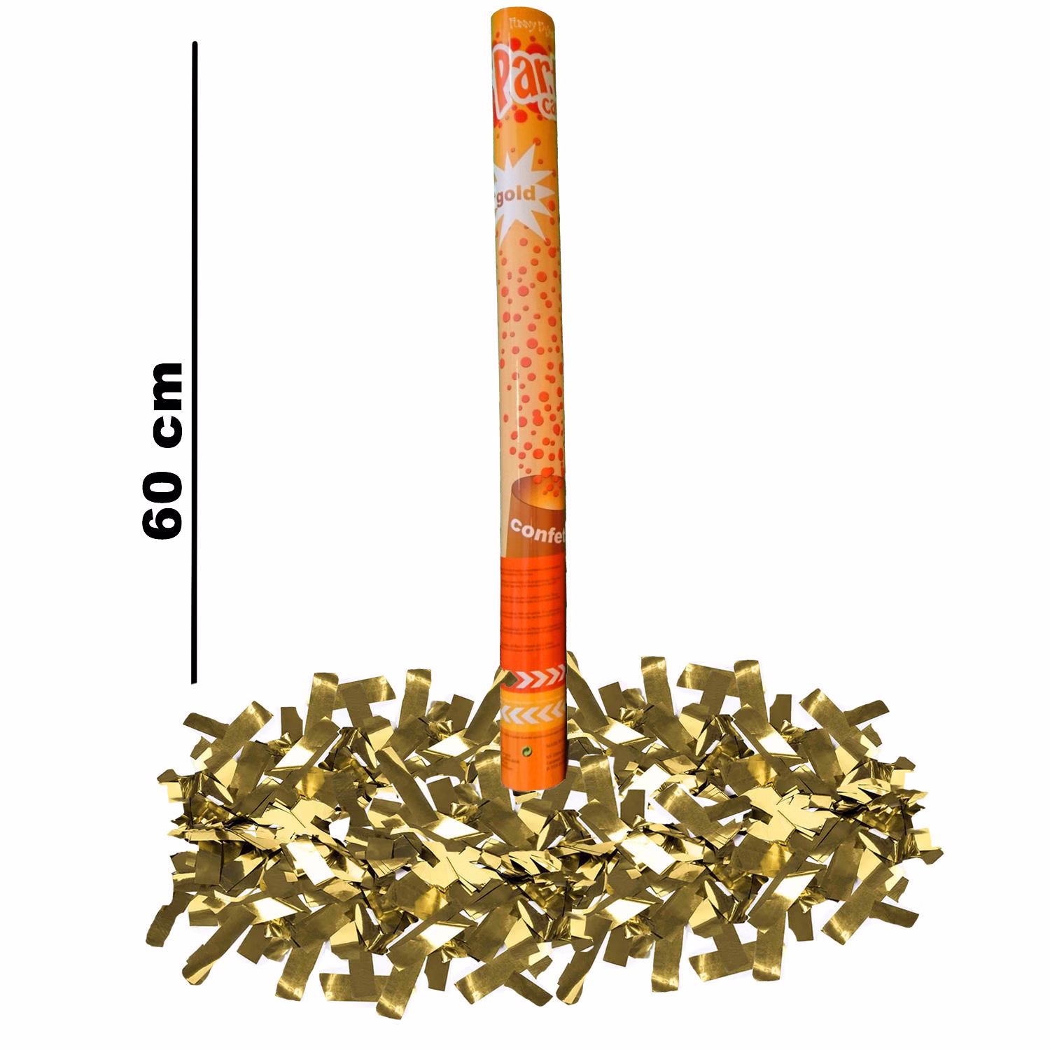 Goldene Konfettikanone mit glänzendem Goldfolien-Konfetti mit Maßangabe der Länge von 60 Zentimeter.