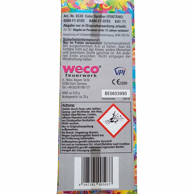 Color Sprüher Zauberlichter Funkensprüher Kinderfeuerwerk Rückseite der Verpackung