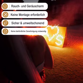 Lichterbild Brennendes Herz mit den Buchstaben K und S mit Hinweis-Bannern zu raucharmem und genehmigungsfreiem Einsatz.