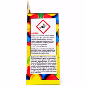 Nico Geburtstagsfontäne Sicherheitshinweise Verpackung Seitenansicht der NICO Geburtstagsfontäne mit Gefahrensymbol, Sicherheitshinweisen sowie Angaben zu Batterien und Entsorgung