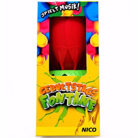 Nico Geburtstagsfontäne Verpackung Vorderseite Vorderansicht der NICO Geburtstagsfontäne mit Musik in bunter Verpackung und sichtbarer roter Blume für Geburtstagsfeiern.