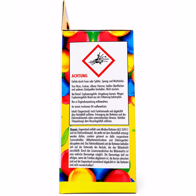 Nico Geburtstagsfontäne Sicherheitshinweise Verpackung Seitenansicht der NICO Geburtstagsfontäne mit Gefahrensymbol, Sicherheitshinweisen sowie Angaben zu Batterien und Entsorgung