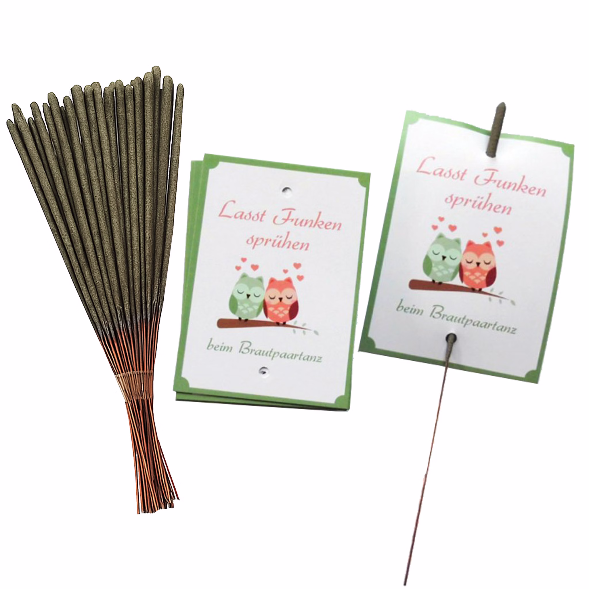 Hochzeit Wunderkerzen Set Brautpaartanz Verliebte Eulen 40 Karten & 40 Wunderkerzen zum Eröffnungstanz Party-Deko SALE Party-Artikel Hochzeitsfeier Hochzeitstanz Übersicht Wunderkerzen-Set für den Brautpaartanz bestehend aus 40 Karten und 40 Wunderkerzen von Vorne