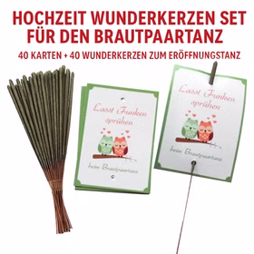 Übersicht Wunderkerzen-Set für den Brautpaartanz Motiv Verliebte Eulen bestehend aus 40 Karten und 40 Wunderkerzen