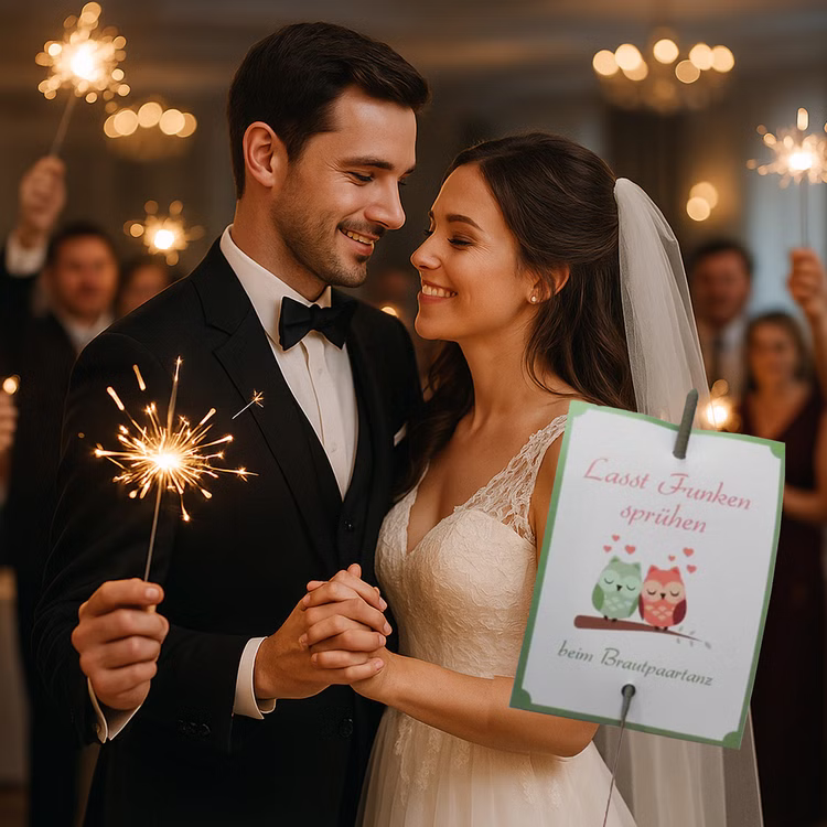 Hochzeit Wunderkerzen Set Brautpaartanz Verliebte Eulen 40 Karten & 40 Wunderkerzen zum Eröffnungstanz Party-Deko SALE Party-Artikel Hochzeitsfeier Hochzeitstanz Wunderkerzen-Set für den Brautpaartanz Motiv Verliebte Eulen bestehend aus 40 Karten und 40 Wunderkerzen mit dem Brautpaar im Vordergrund und den Hochzeitsgästen im Hintergrund Hinweis: KI generiertes Bild