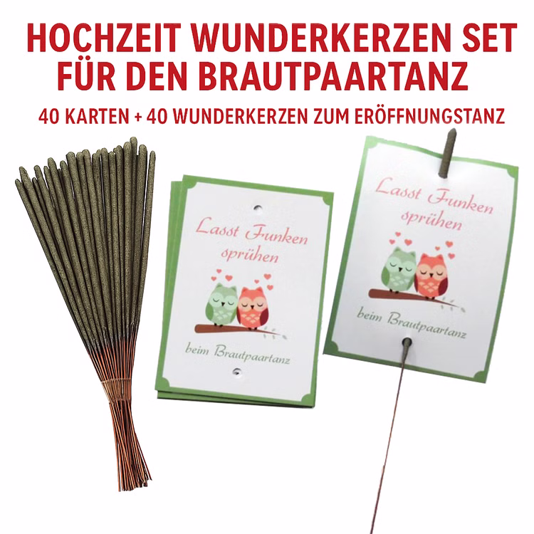 Hochzeit Wunderkerzen Set Brautpaartanz Verliebte Eulen 40 Karten & 40 Wunderkerzen zum Eröffnungstanz Party-Deko SALE Party-Artikel Hochzeitsfeier Hochzeitstanz Übersicht Wunderkerzen-Set für den Brautpaartanz Motiv Verliebte Eulen bestehend aus 40 Karten und 40 Wunderkerzen