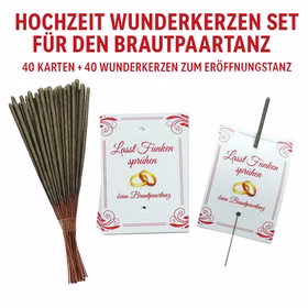 Übersicht Wunderkerzen-Set für den Brautpaartanz Motiv Ringe bestehend aus 40 Karten und 40 Wunderkerzen