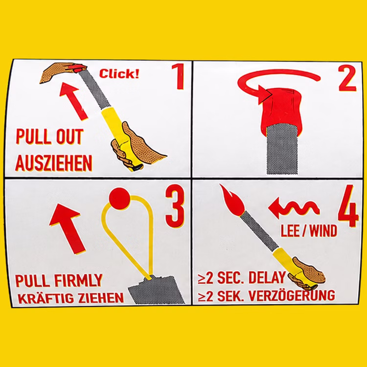 Seenotfackel Bengalisches Feuer Bengalo Weiß Reißzünder Feuerwerk Onlineshop Schritt-für-Schritt-Anleitung zur Verwendung der Seenotfackel Kategorie T1 mit Schritt-für-Schritt-Darstellung zum Ausziehen, Aktivieren und sicheren Halten der Handfackel bei Windrichtung.