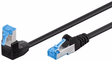 Patchkabel Cat.6a S/FTP (PiMF), 1x 90° gewinkelt (schwarz, 0,5 Meter, doppelt geschirmt)