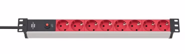 Alu-Line 19" Steckdosenleiste 8-fach (rot/schwarz, 1HE, 2 Meter, Sicherung 10A, Kaltgerätestecker)