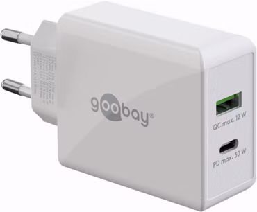 USB-C PD Dual-Schnellladegerät 30 Watt (weiß, 1x USB-A, 1x USB-C PD)