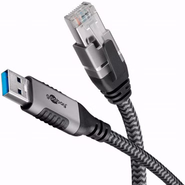 Ethernet-Kabel USB-A 3.2 Gen1 Stecker > RJ-45 Stecker (schwarz/silber, 1 Meter, geflochtener Textilmantel)