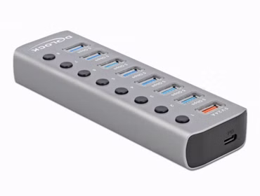 Delock USB 3.2 Gen 1 Hub mit 7 Ports + 1 Schnellladeport + 1 USB-C PD 3.0 Port mit Schalter und Beleuchtung