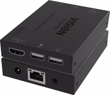 VISION HDMI-über-IP-Empfänger - nur Empfänger - Sender muss separat erworben werden - Sendet HDMI 1:1 oder 1:n - Überträgt USB 1.1 - Plug-and-Play - IR-Durchleitung - Wenn nur ein Empfänger vorhanden ist, können Sie ihn