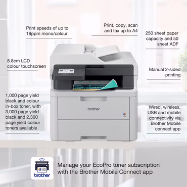 Brother MFC-L3740CDWE - Multifunktionsdrucker - Farbe - LED - A4/Legal (Medien) - bis zu 18 Seiten/Min. (Kopieren) - bis zu 18 Seiten/Min. (Drucken) - 250 Blatt - 33.6 Kbps - USB 2.0, Gigabit LAN, Wi-Fi(n)