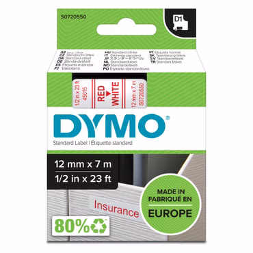 Dymo D1 Schriftband 12 mm x 7 m rot auf weiß 45015