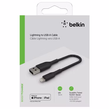 Belkin Lightning Lade/Sync Kabel 15cm, ummantelt, mfi zert, schw.