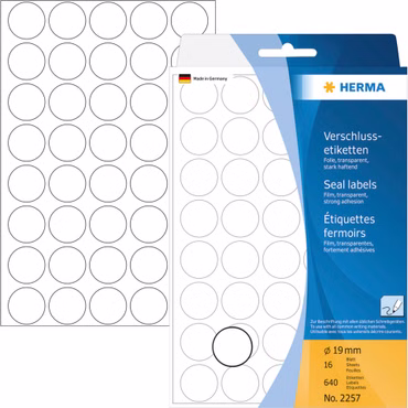 Herma Verschlussetik. rund 19mm 16 Blatt, 640 Stück, transp.2257