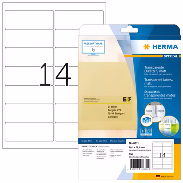 HERMA Etiketten transp. matt A4 63,5x38,1 mm Folie 525 St.