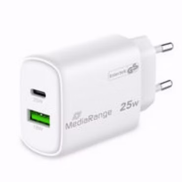 MediaRange Ladegerät 25W 2-Port 1x USB-A/1x USB-C GaN, weiß