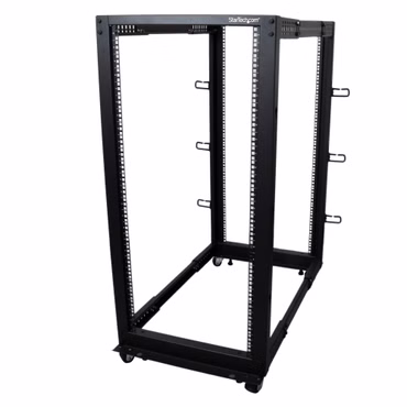 StarTech.com Open Frame Rack 25HE - 4 Pfosten Serverschrank - 58 cm - 104 cm tiefenverstellbar mit Rollen / Nivellierfüße und Kabelverwaltung (4POSTRACK25U) - Schrank offener Rahmen - Schwarz - 25U - für P/N: CABSCREWM5B, CABSCREWSM5, CABSC