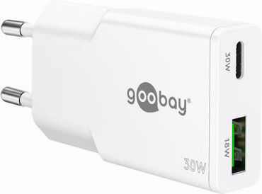 USB-C™ PD GaN Dual-Schnellladegerät Slim (30 W) weiß 1x USB-C™-Anschluss (Power Delivery) und 1x USB-A-Anschluss (Quick Charge)