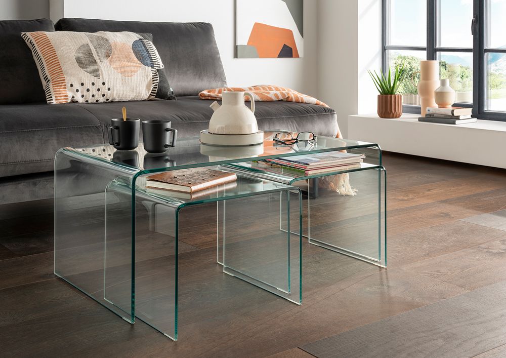 Glastisch Couchtisch Beistelltisch 3er Set gebogen ESG Glas