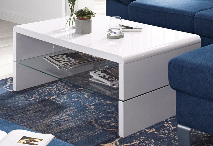 Couchtisch Hochglanz Weiß Wohnzimmertisch 110x60 mit Glasablagefläche