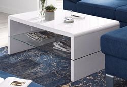 Couchtisch Hochglanz Weiß Wohnzimmertisch 110x60 mit Glasablagefläche