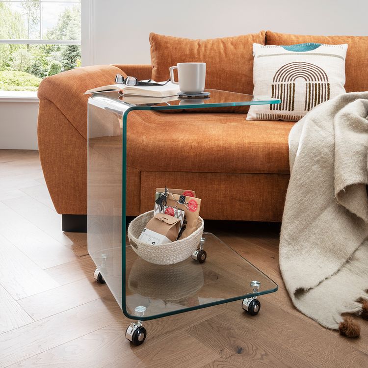 Glas Beistelltisch auf Rollen, Couchtisch eckig aus Glas H 60cm