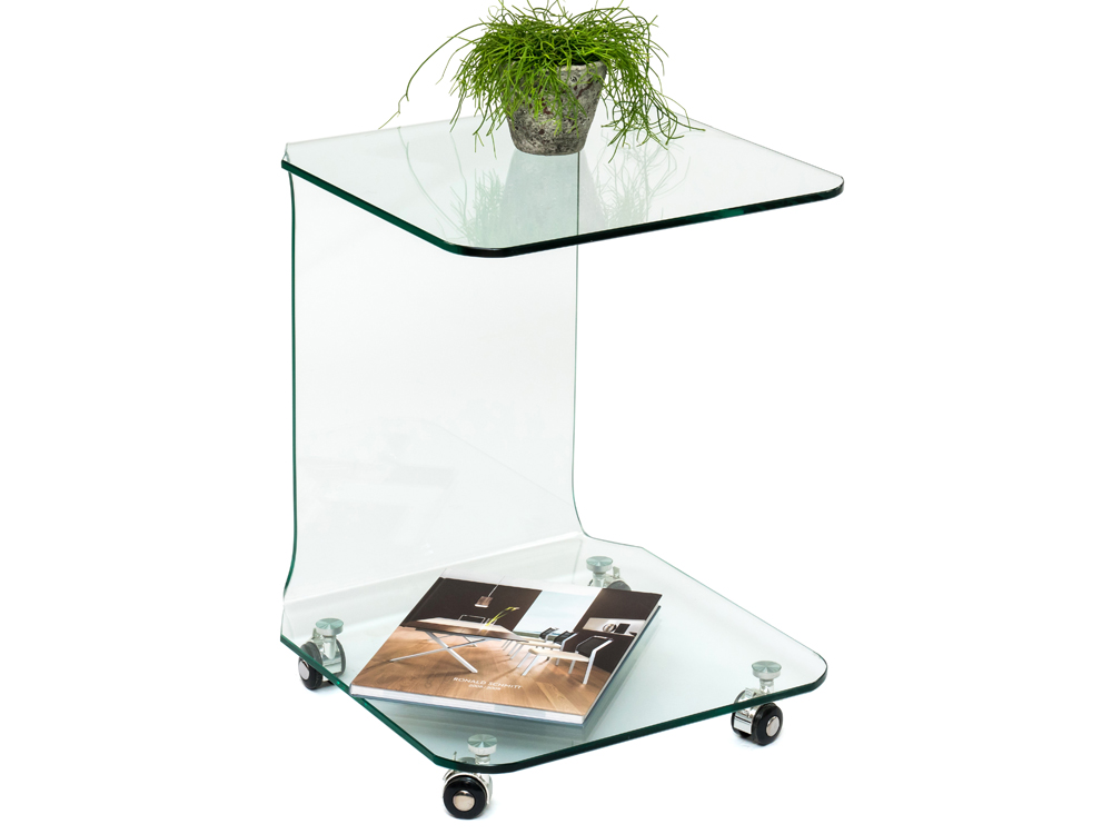 Glas Beistelltisch auf Rollen, Couchtisch eckig aus Glas H 60cm