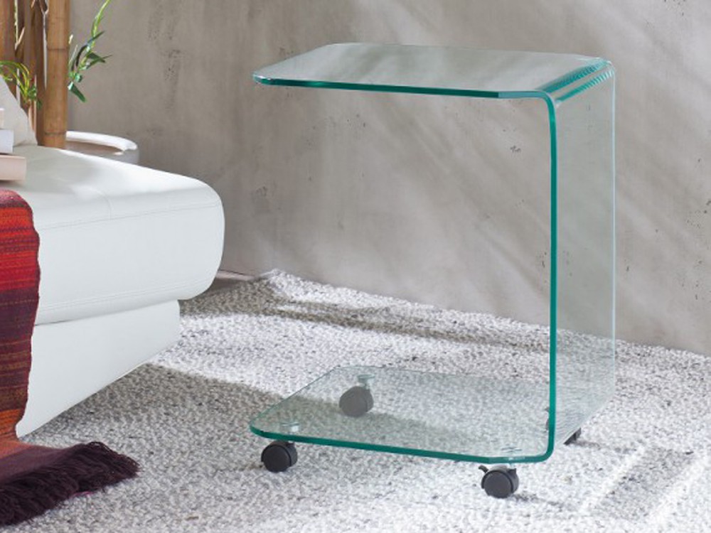 Glas Beistelltisch auf Rollen, Couchtisch eckig aus Glas H 60cm