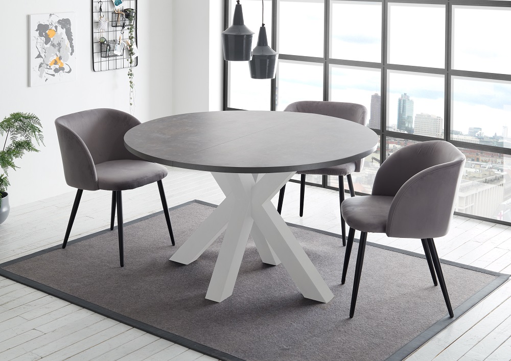 Paket] Esszimmertisch rund 110 cm Ausziehtisch Tischplatte anthrazit modernes Gestell weiß matt
