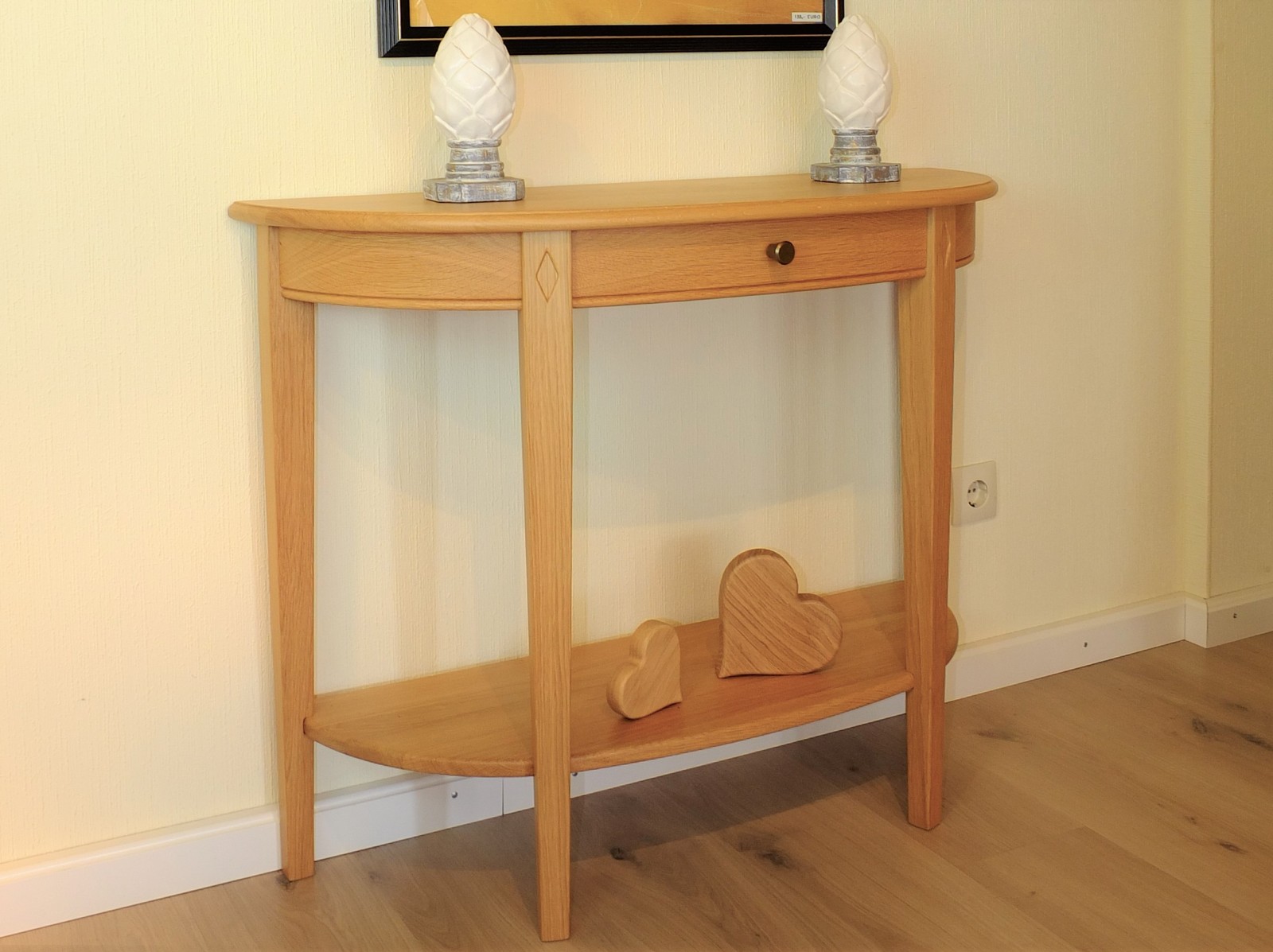 halbrunder Tisch / Wandtisch / Konsolentisch Landhaus in Eiche, Buche oder Kirschbaum massiv - Breite 98 cm Höhe 75 cm Tiefe 35 cm - optional mit Schublade und Ablageboden