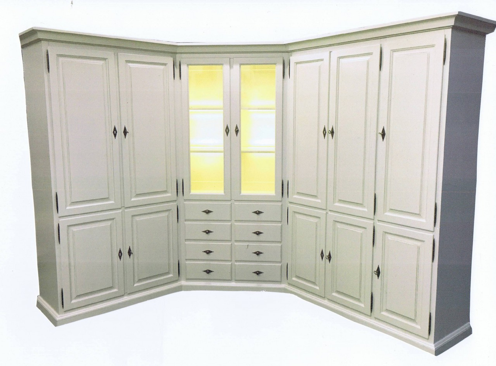 Montreux Eckschrank / Wohnzimmer-Schrank in Maßanfertigung in Eiche vollmassiv, Farbe: Eiche weiß, Anfertigung nach Kundenwünschen individuell hergestellt / Eichenmöbel und moderne Massivholzmöbel
