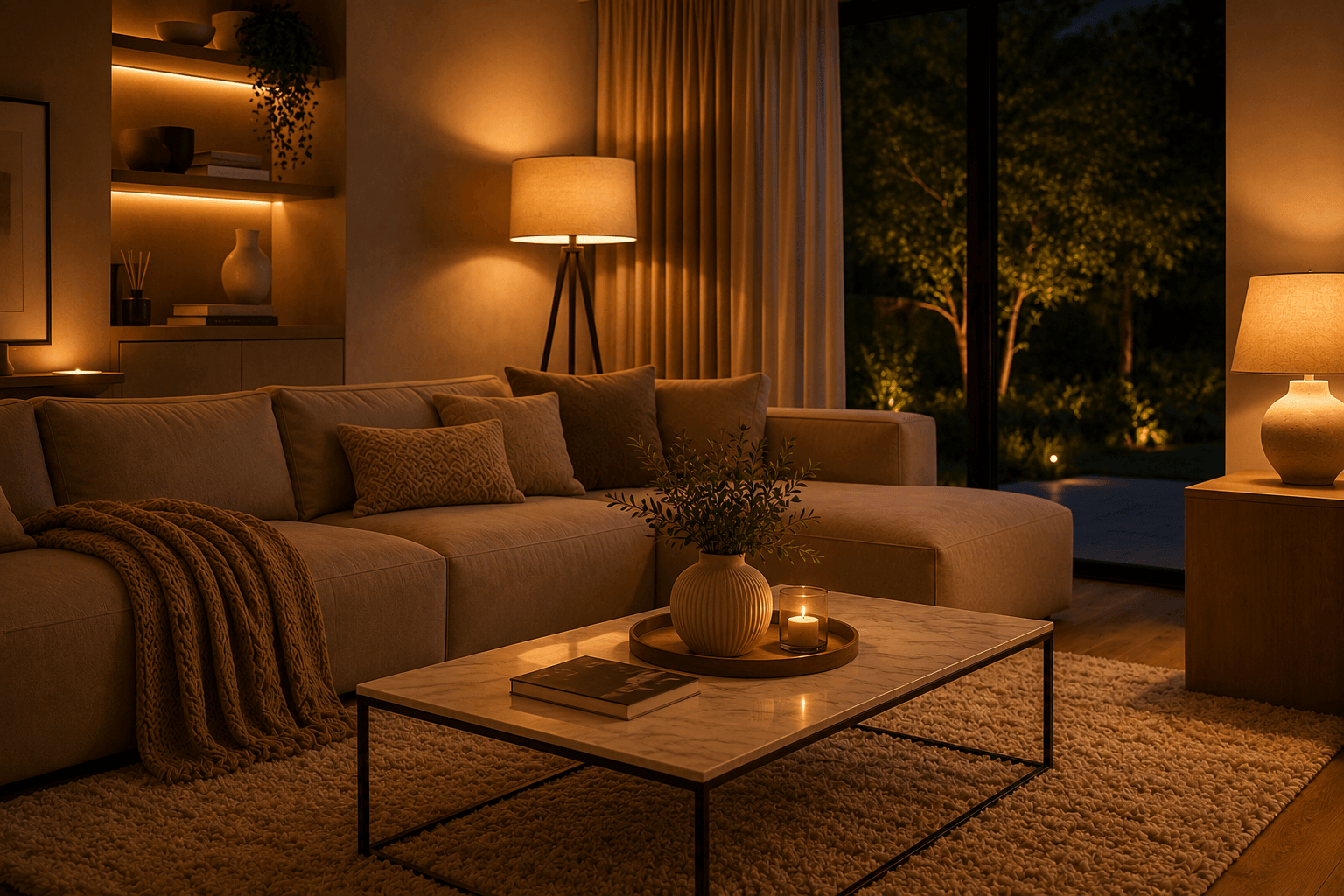 Wohnzimmer am Abend mit warmer Beleuchtung aus Steh- und Tischlampe